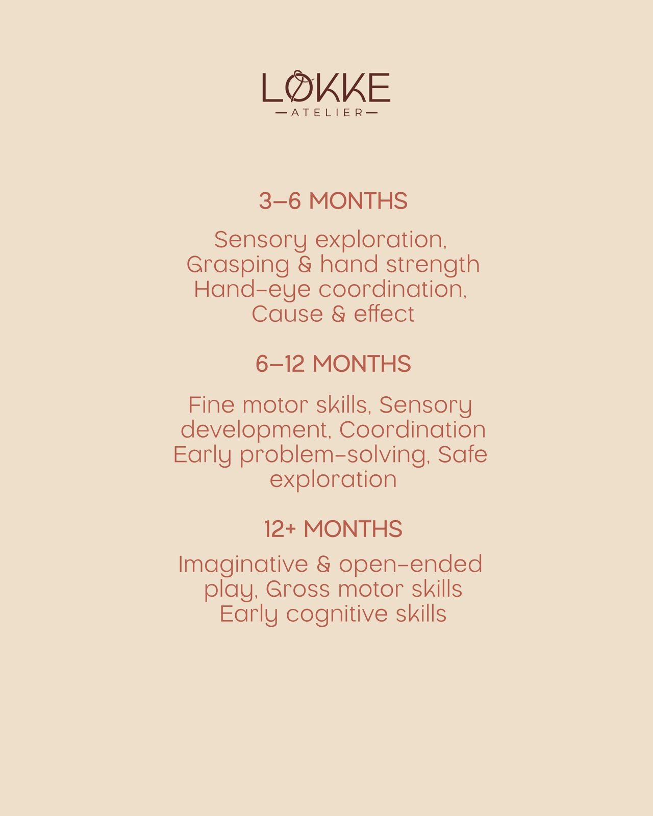 LØKKE ATELIER age milestones for 3–6 months, 6–12 months and 12+ months