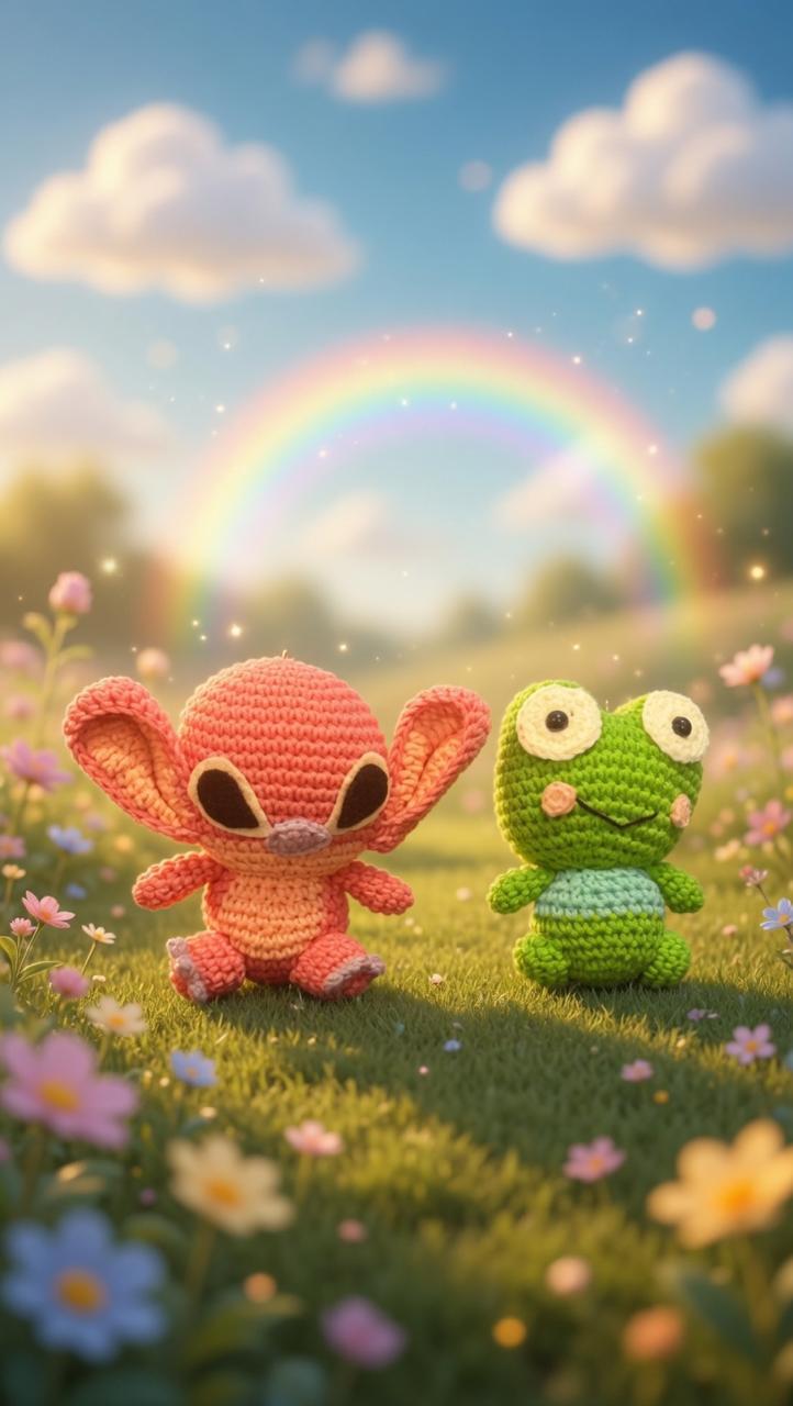 Handmade crochet Angel and Keroppi duo in meadow setting