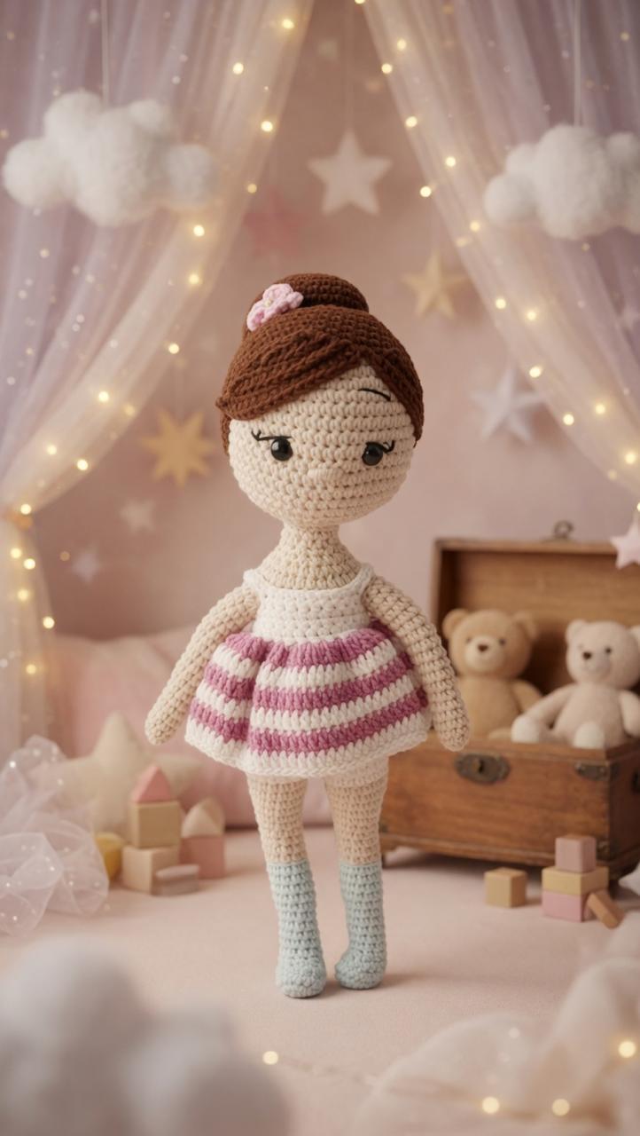 Handmade crochet brunette doll in pink and white tutu skirt