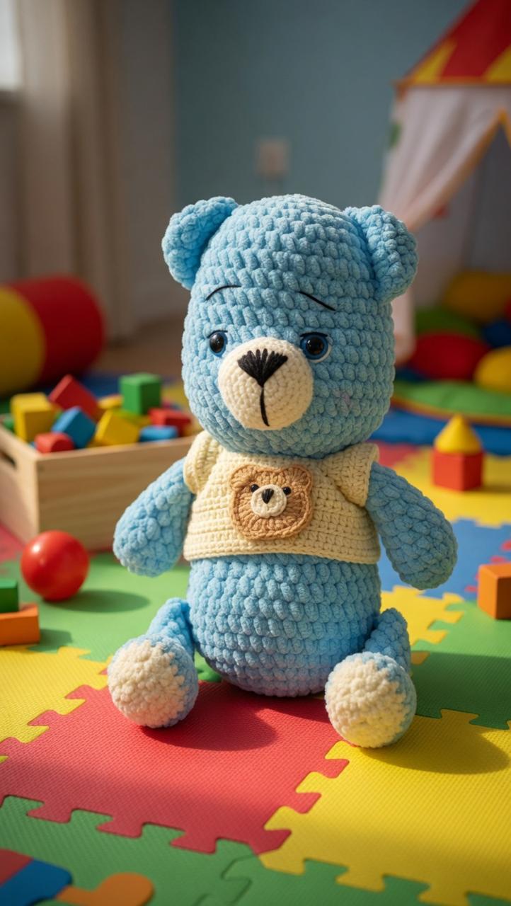 Handmade blue crochet Benny the Cuddle Bear soft toy