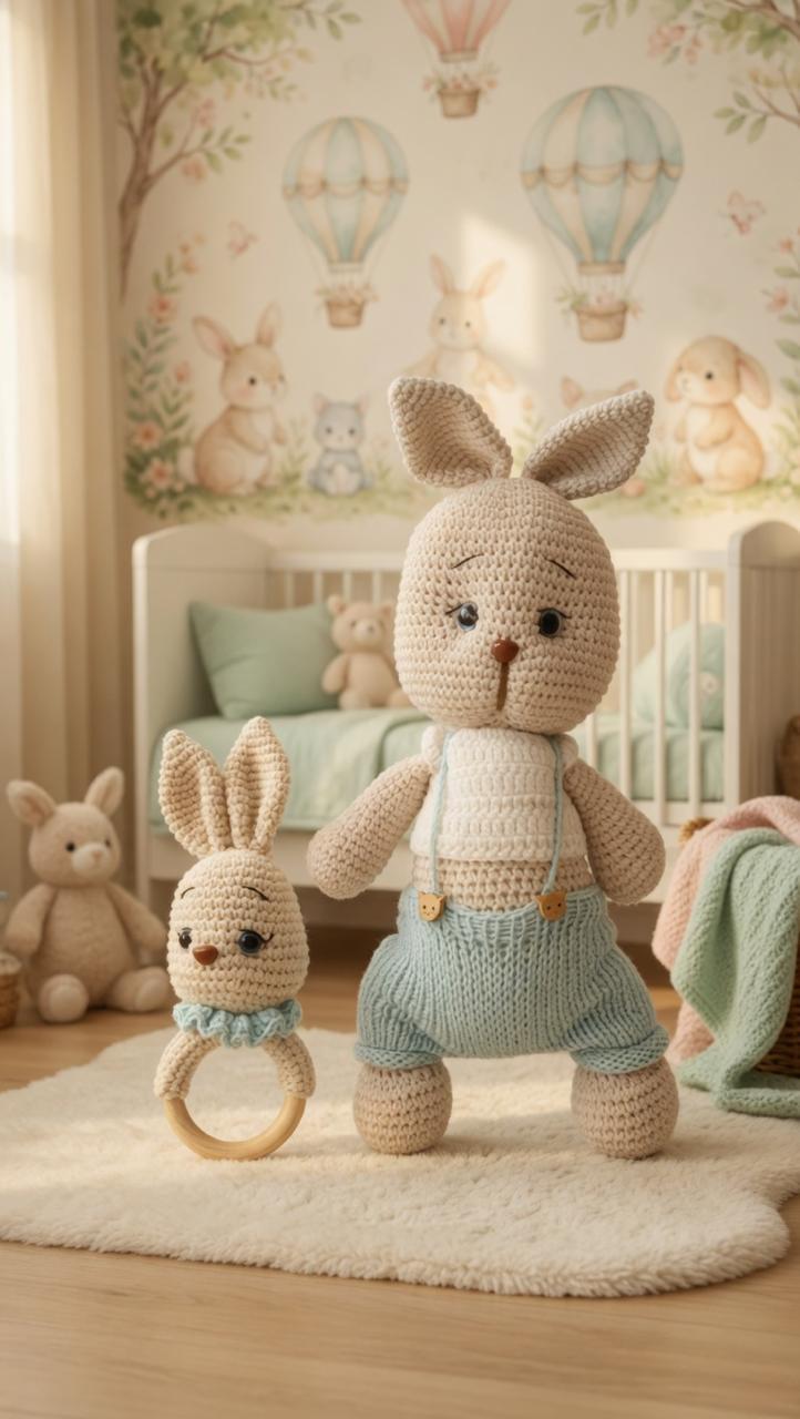 Handmade crochet blue bunny and matching wooden teether set