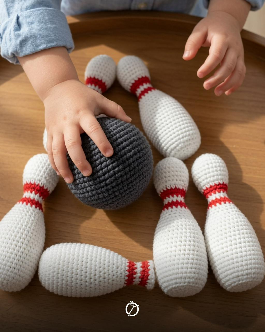 White crochet bowling pins with red stripes and a grey ball