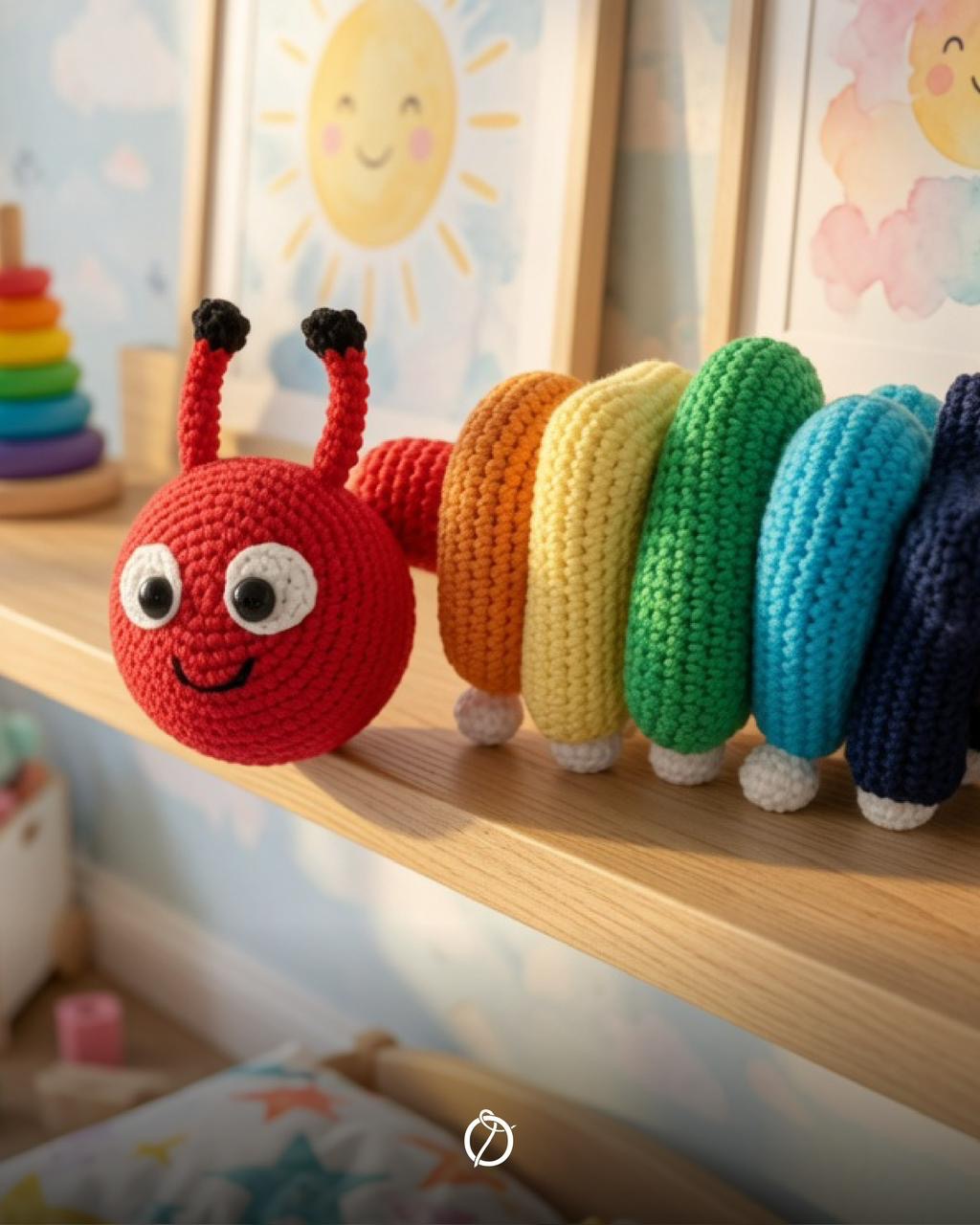 Rainbow crochet caterpillar with a red head and colourful body segments