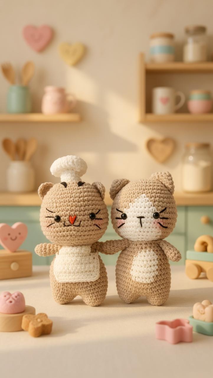 Handmade crochet chef kitty friends duo