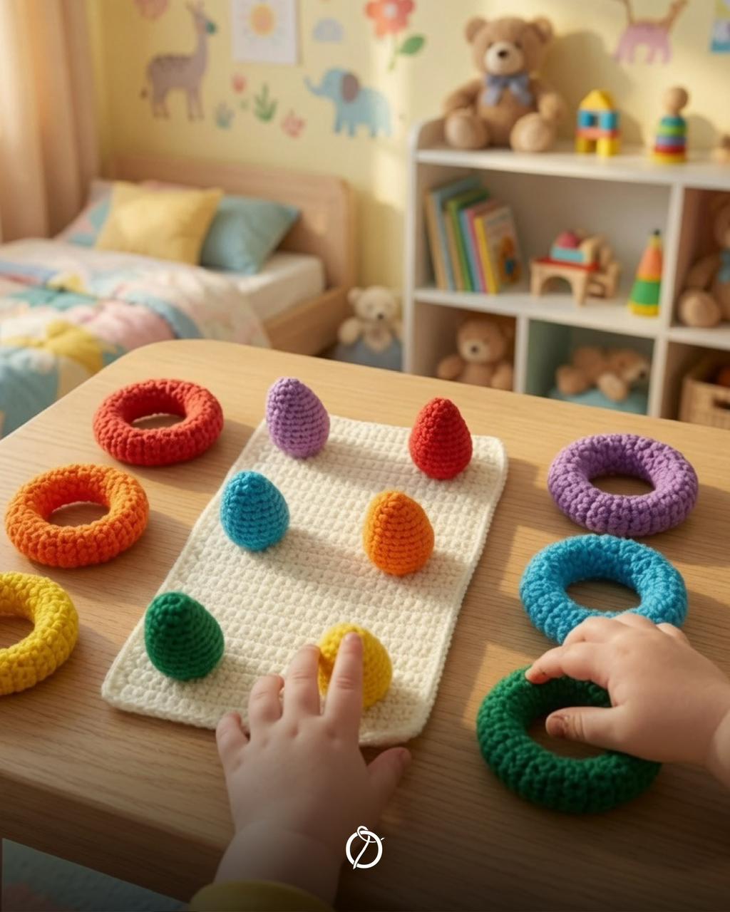 Child matching a green crochet ring to the colour pegs on a wooden table