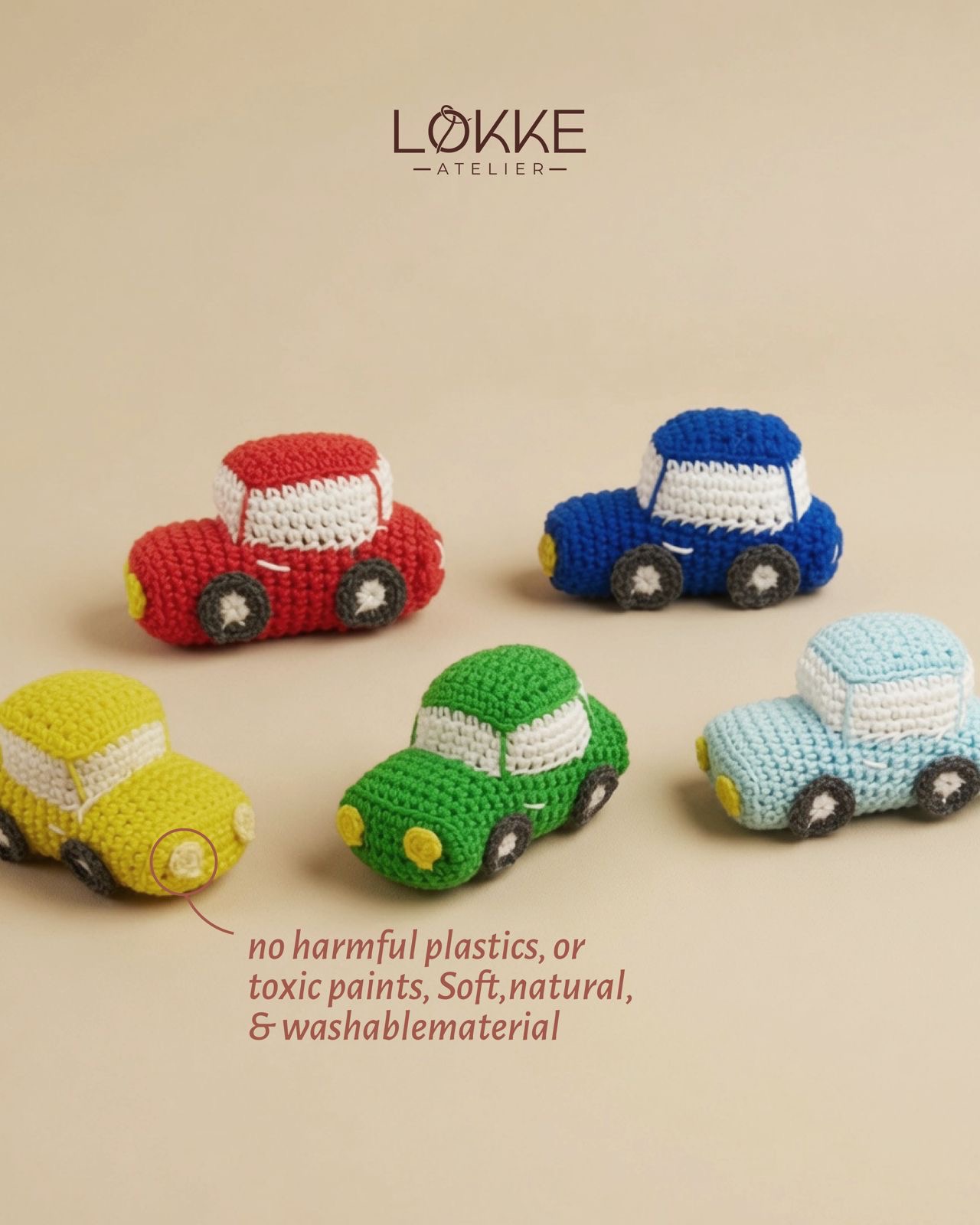 Set of five handmade crochet toy cars in red, blue, yellow, green and sky blue
