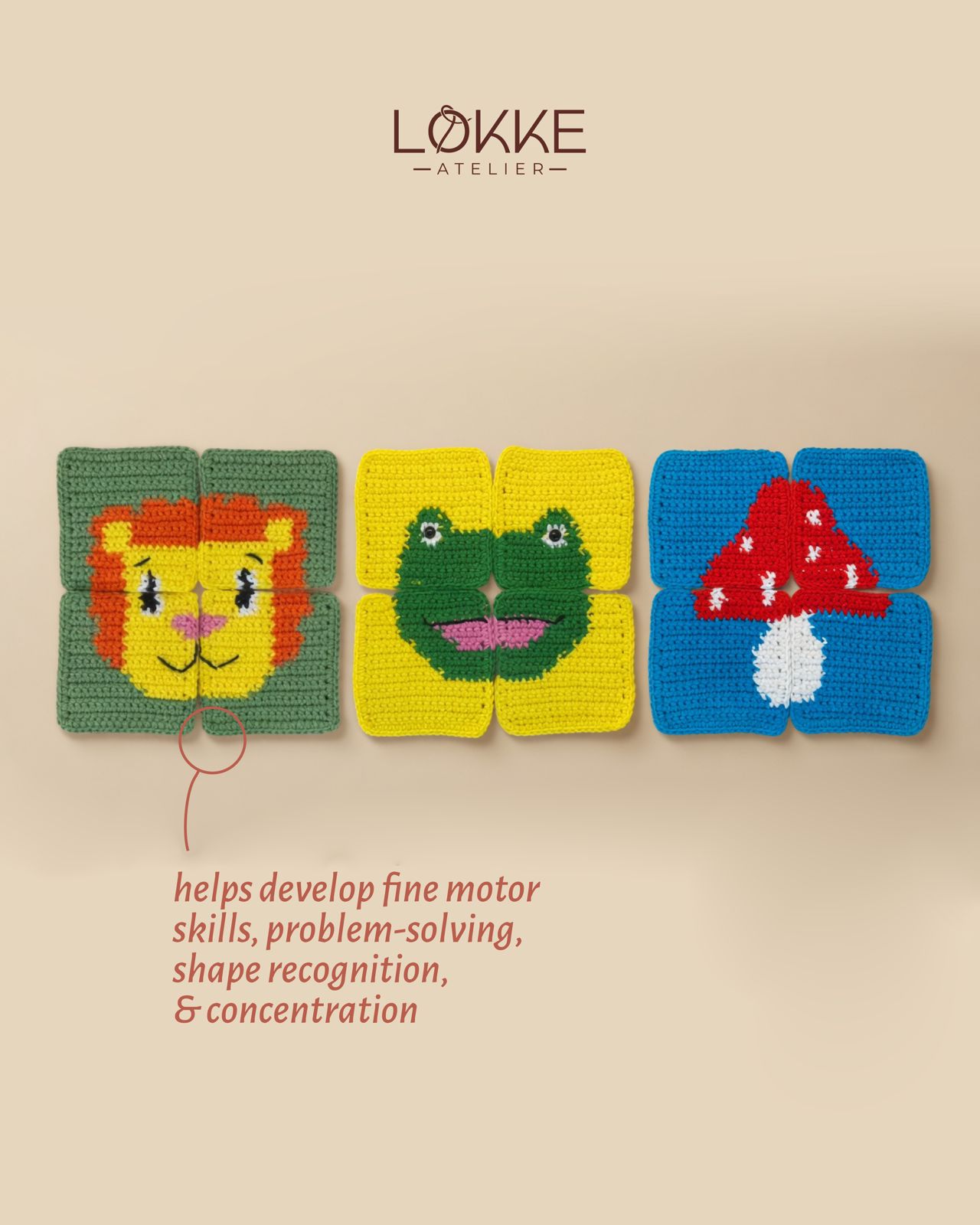 Three four-piece crochet puzzles: lion, frog and mushroom