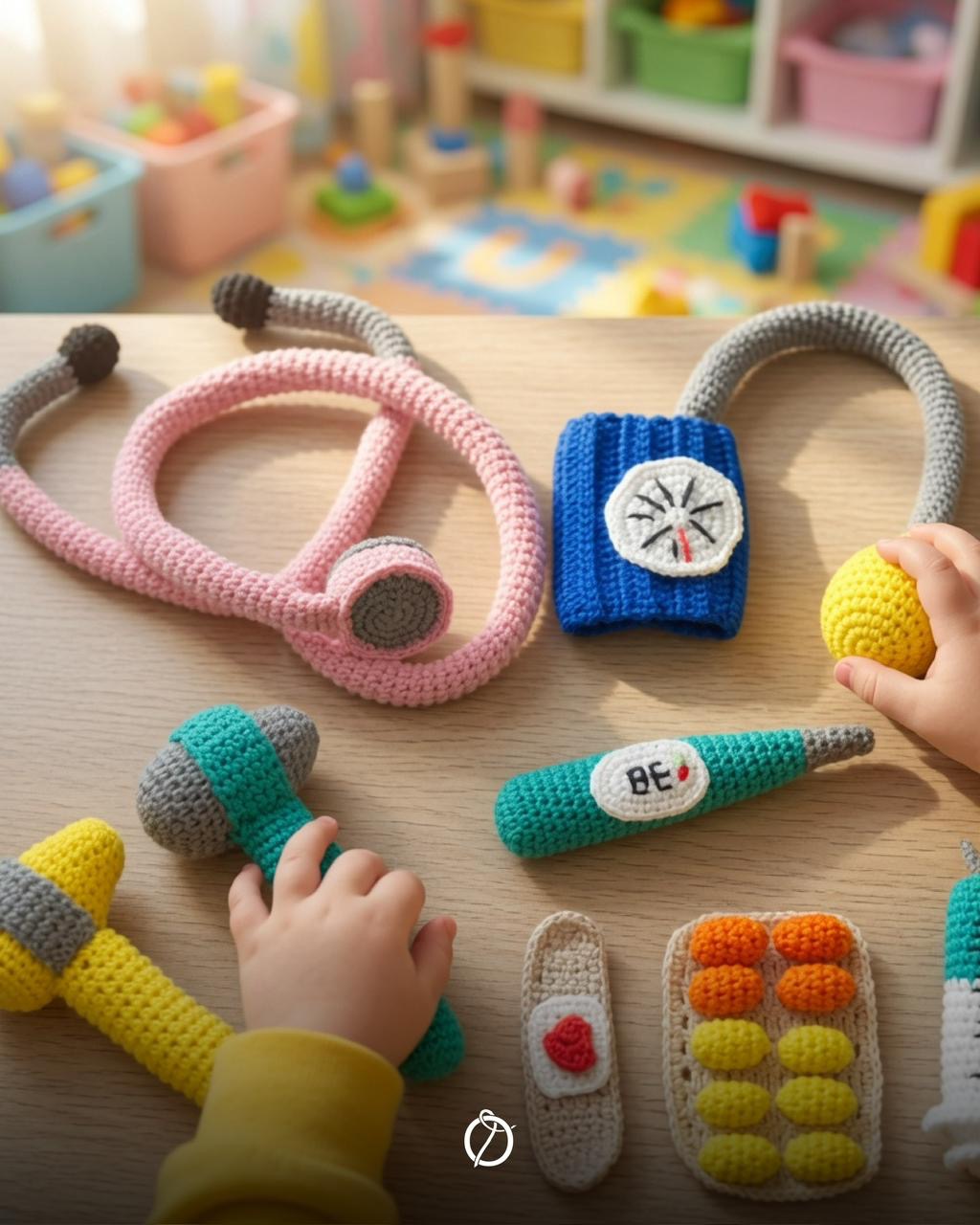 Child playing with crochet doctor kit pieces on a wooden table
