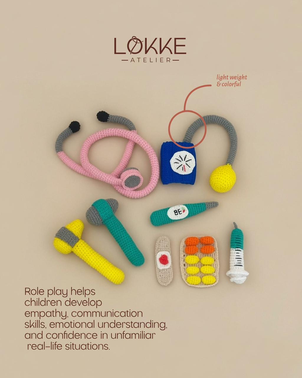 Crochet doctor kit with stethoscope, cuff, thermometer and more