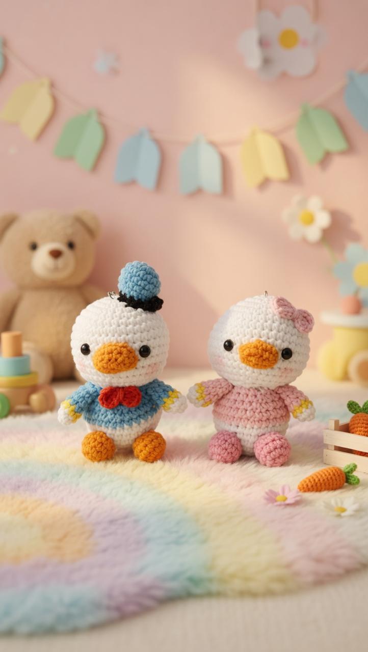 Handmade crochet Donald and Daisy Duck duo in nursery setting