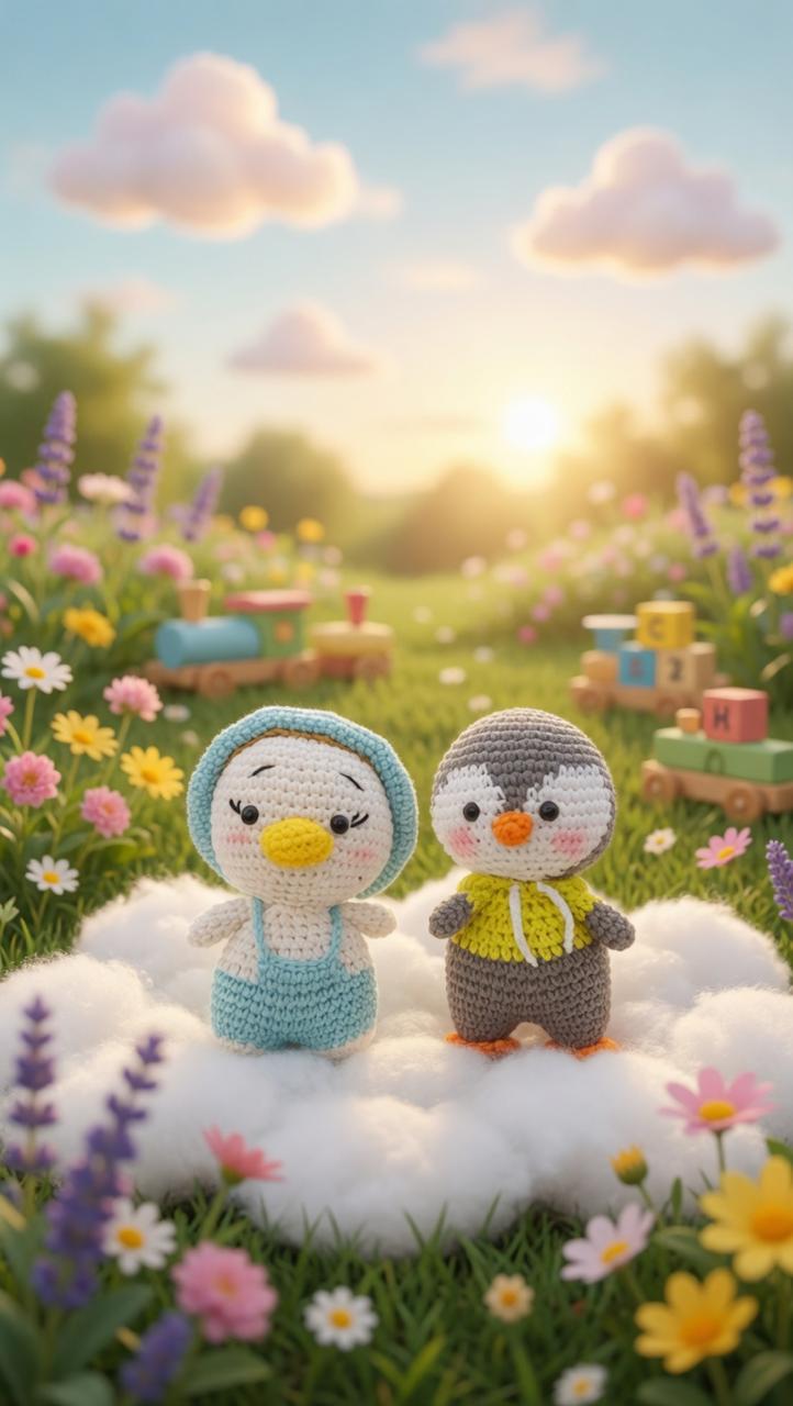 Handmade crochet little blue duck with winter penguin friend
