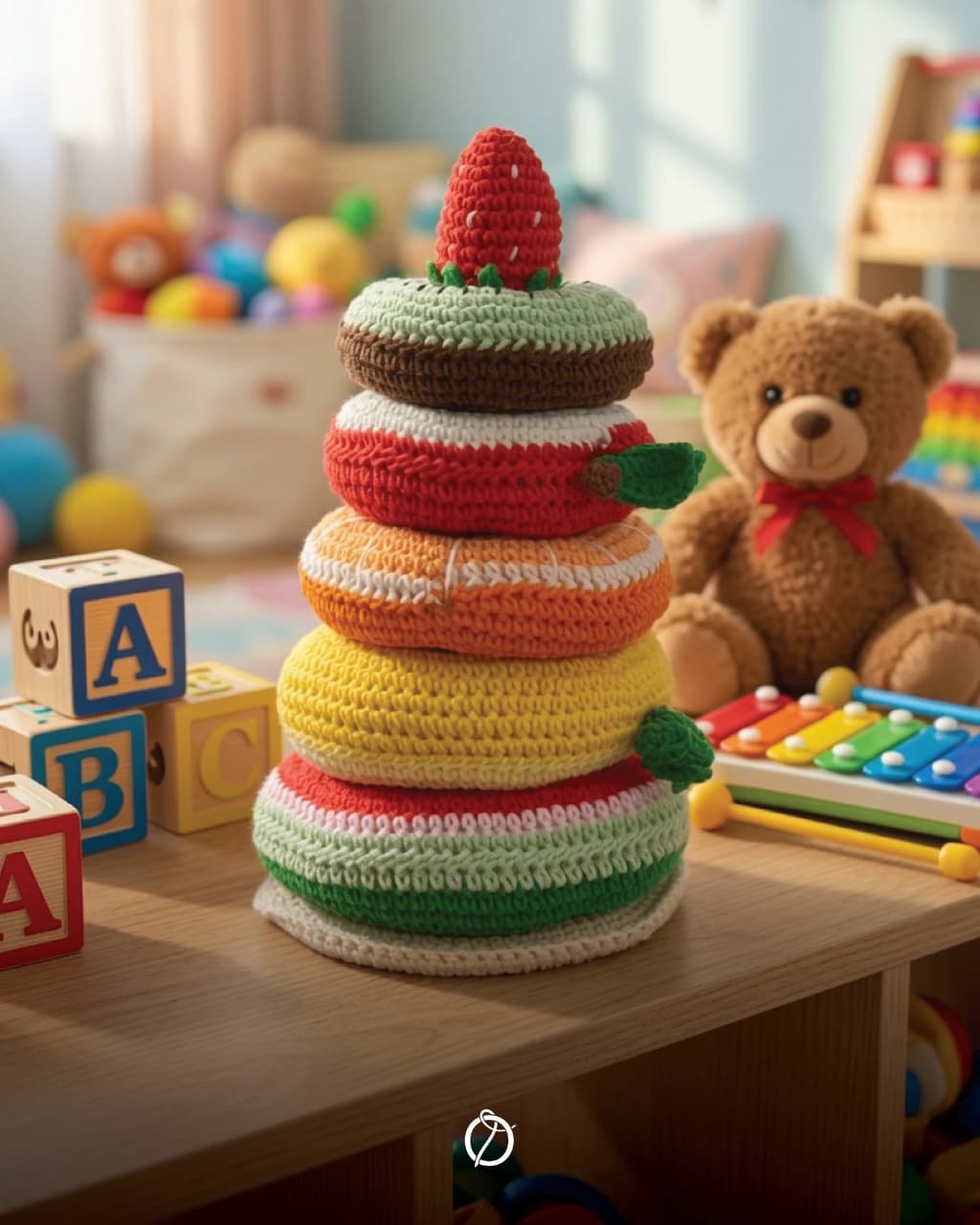 Crochet fruit stacking tower with watermelon, lemon, orange, apple and kiwi rings topped with a strawberry