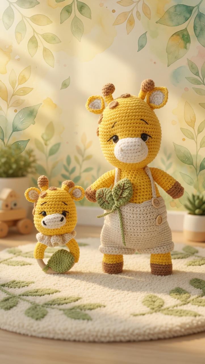 Handmade crochet Gigi giraffe doll and matching wooden teether