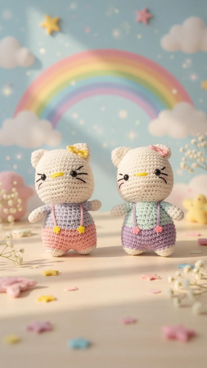 Handmade crochet Hello Kitty style duo soft toys