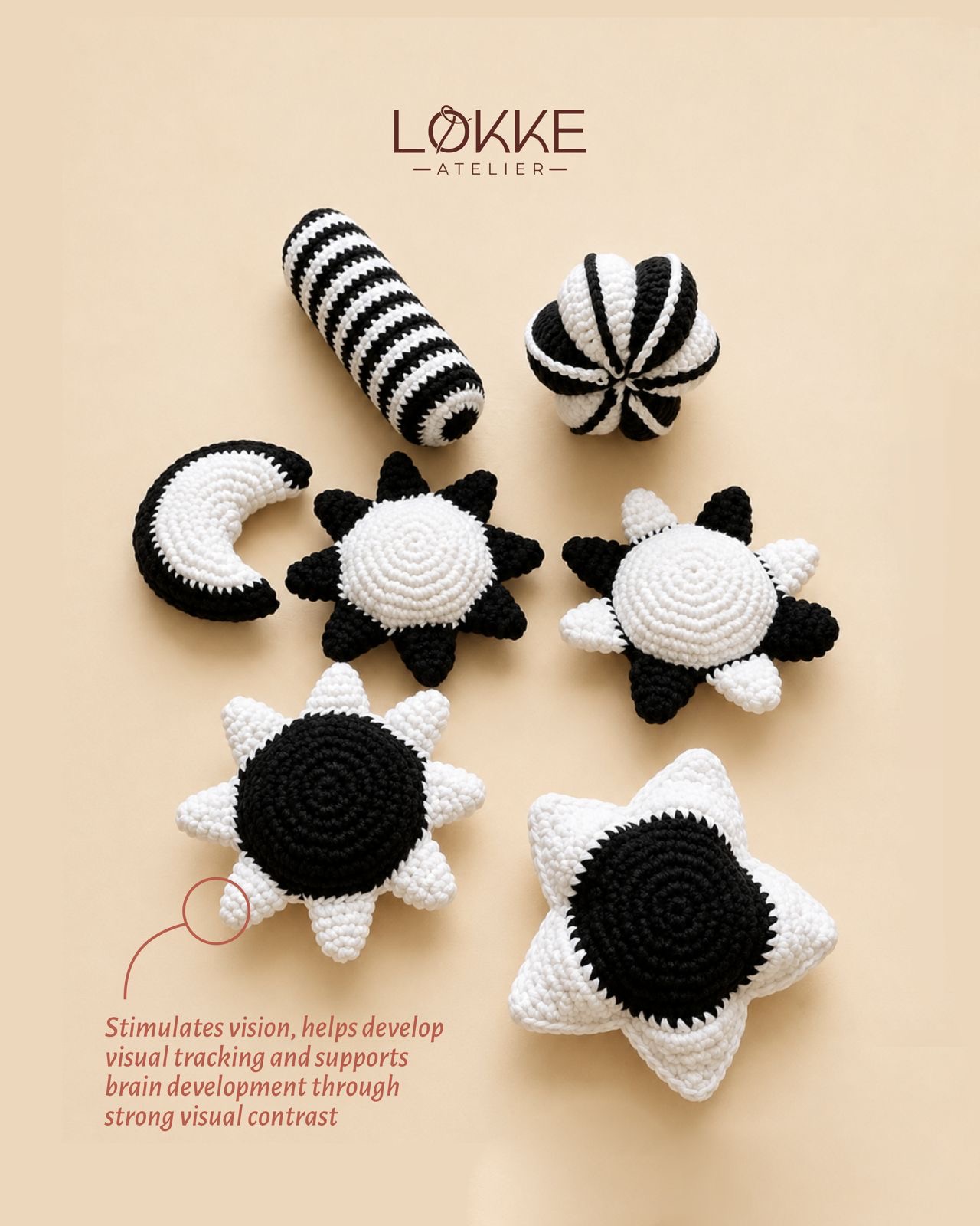 Black and white high-contrast crochet sensory toys including suns, moon and striped cylinder