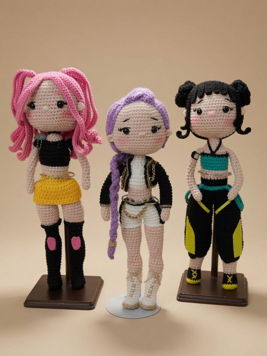 Handmade crochet K-Pop Girls Trio dolls on stands