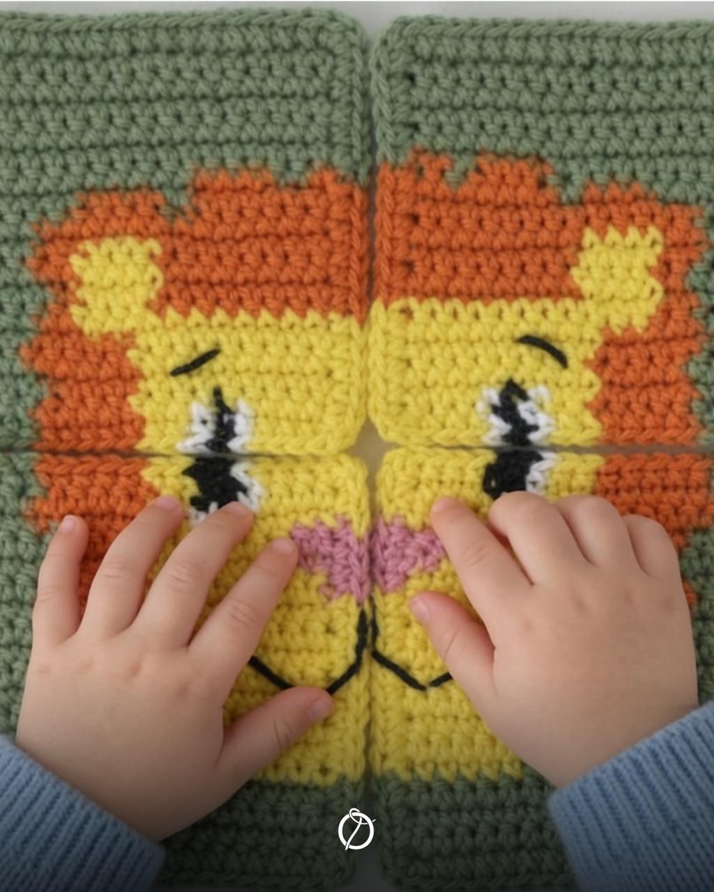 Child assembling a four-piece crochet lion puzzle