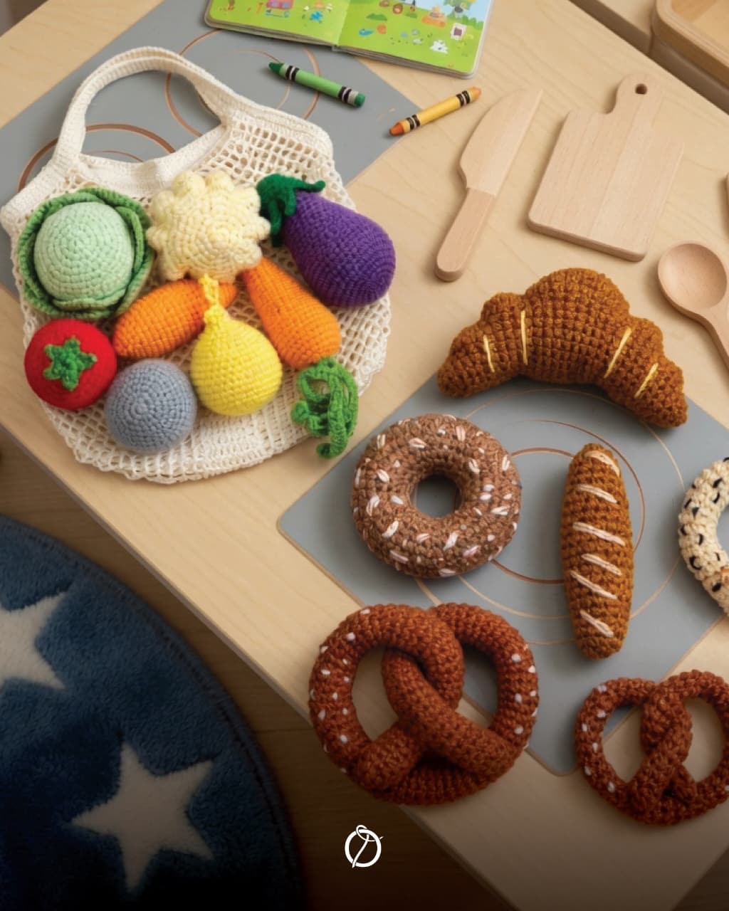Crochet croissant, donut, baguette and pretzels on a play mat
