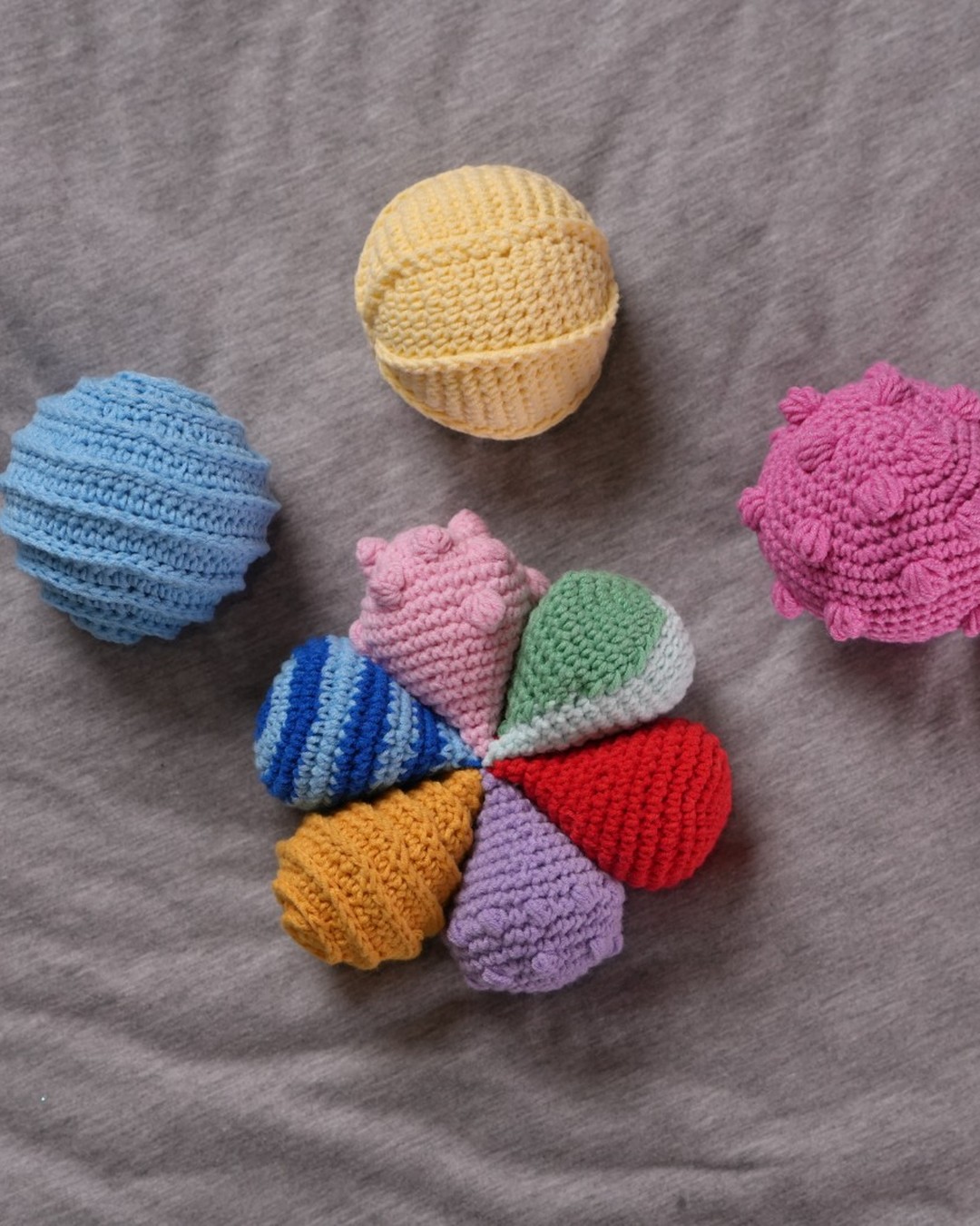 Textured crochet sensory balls and flower sensory toy