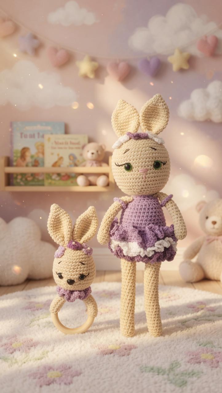 Handmade crochet mauve doe rabbit doll and matching teether