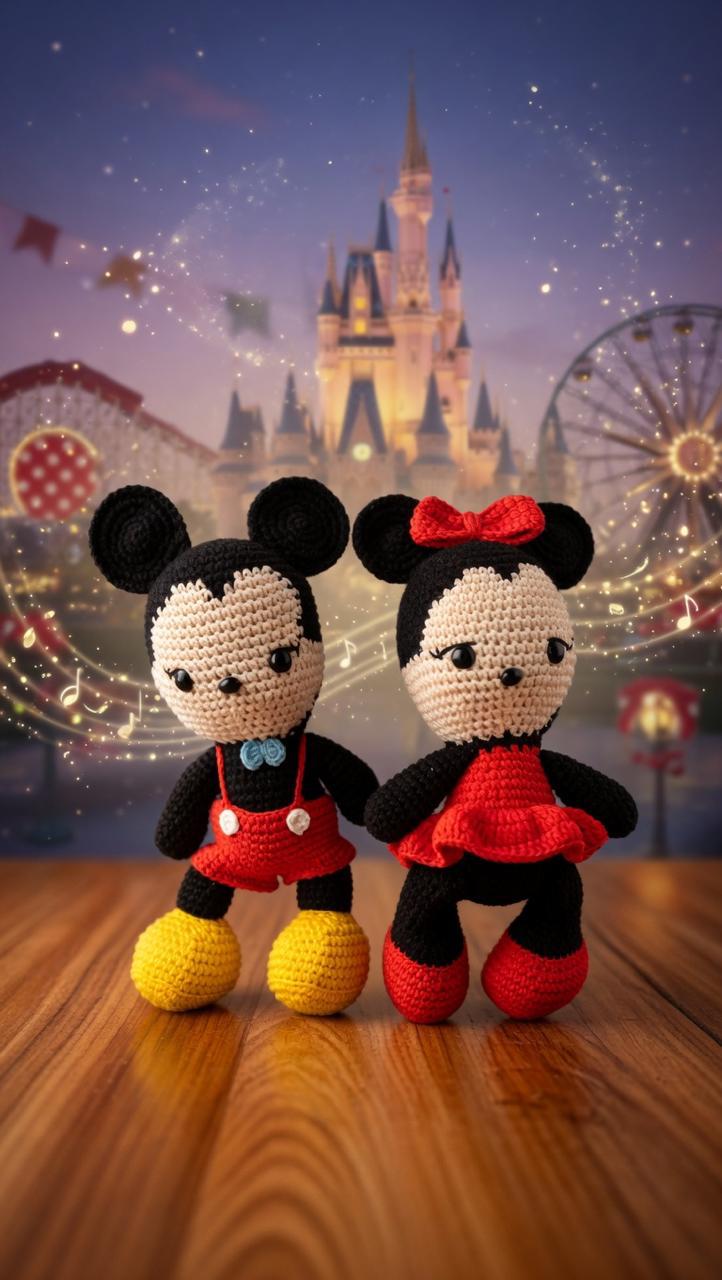 Handmade crochet Mickey and Minnie Classic duo soft toys