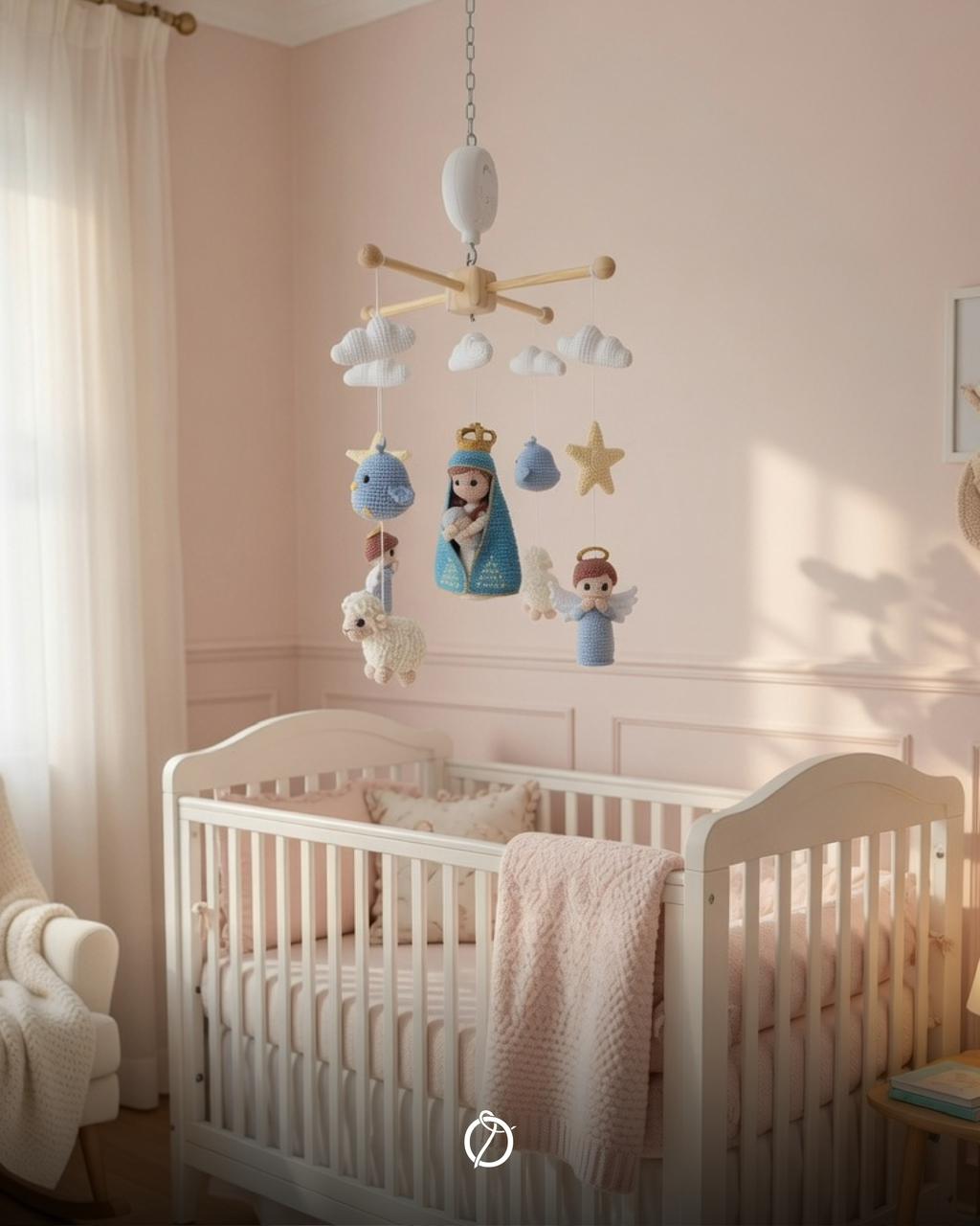 Crochet nativity nursery mobile with Mary and child, an angel, a sheep and a star