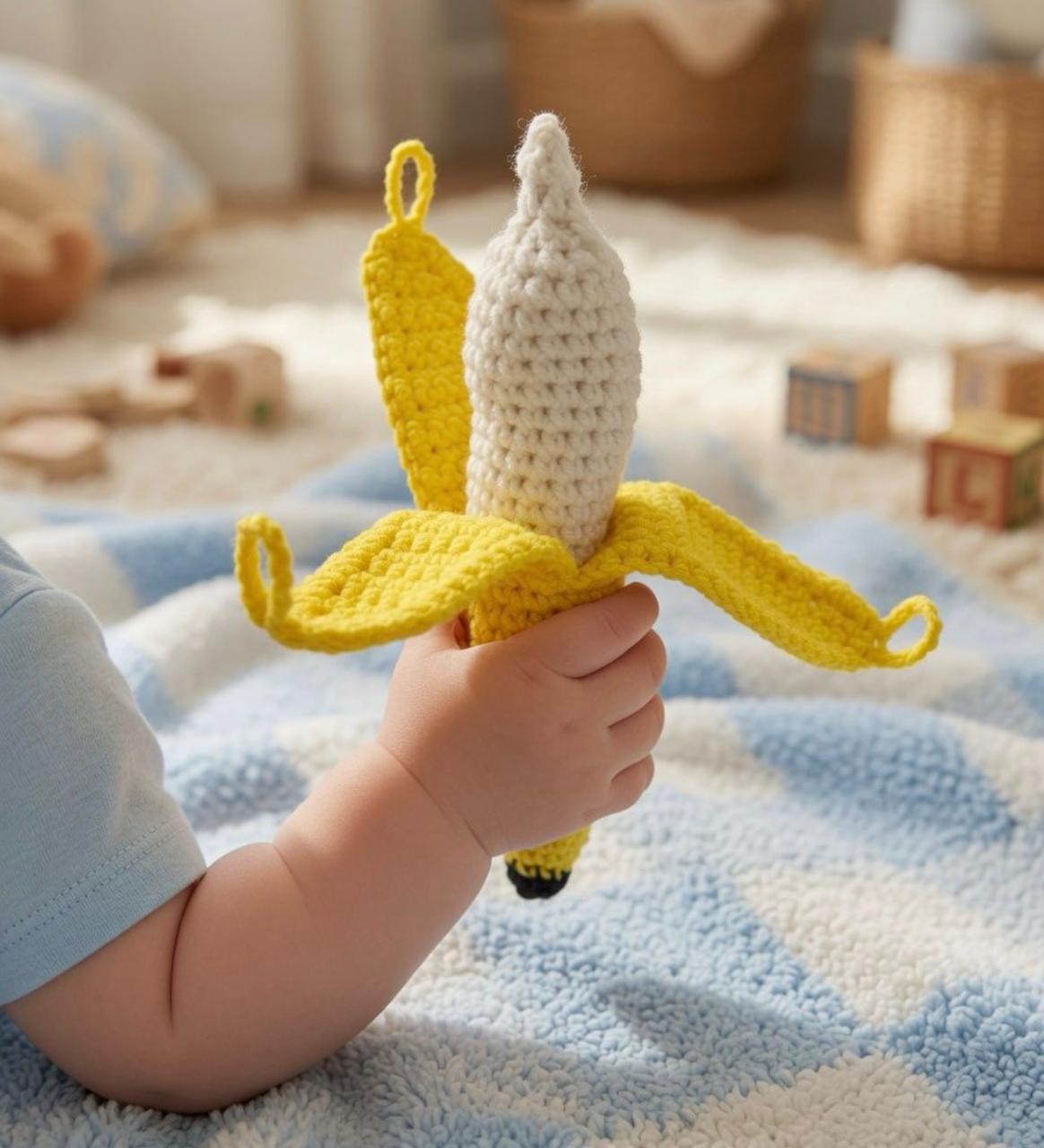 Child holding a partially peeled crochet banana