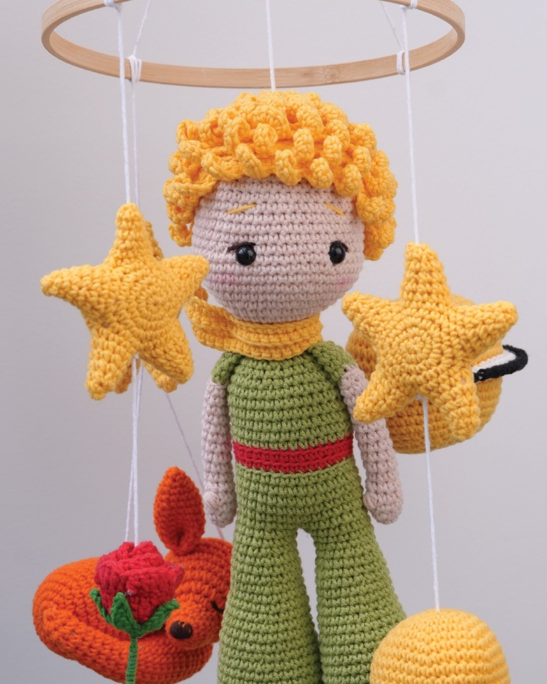 Le Petit Prince mobile — closer view of prince, fox, rose and stars
