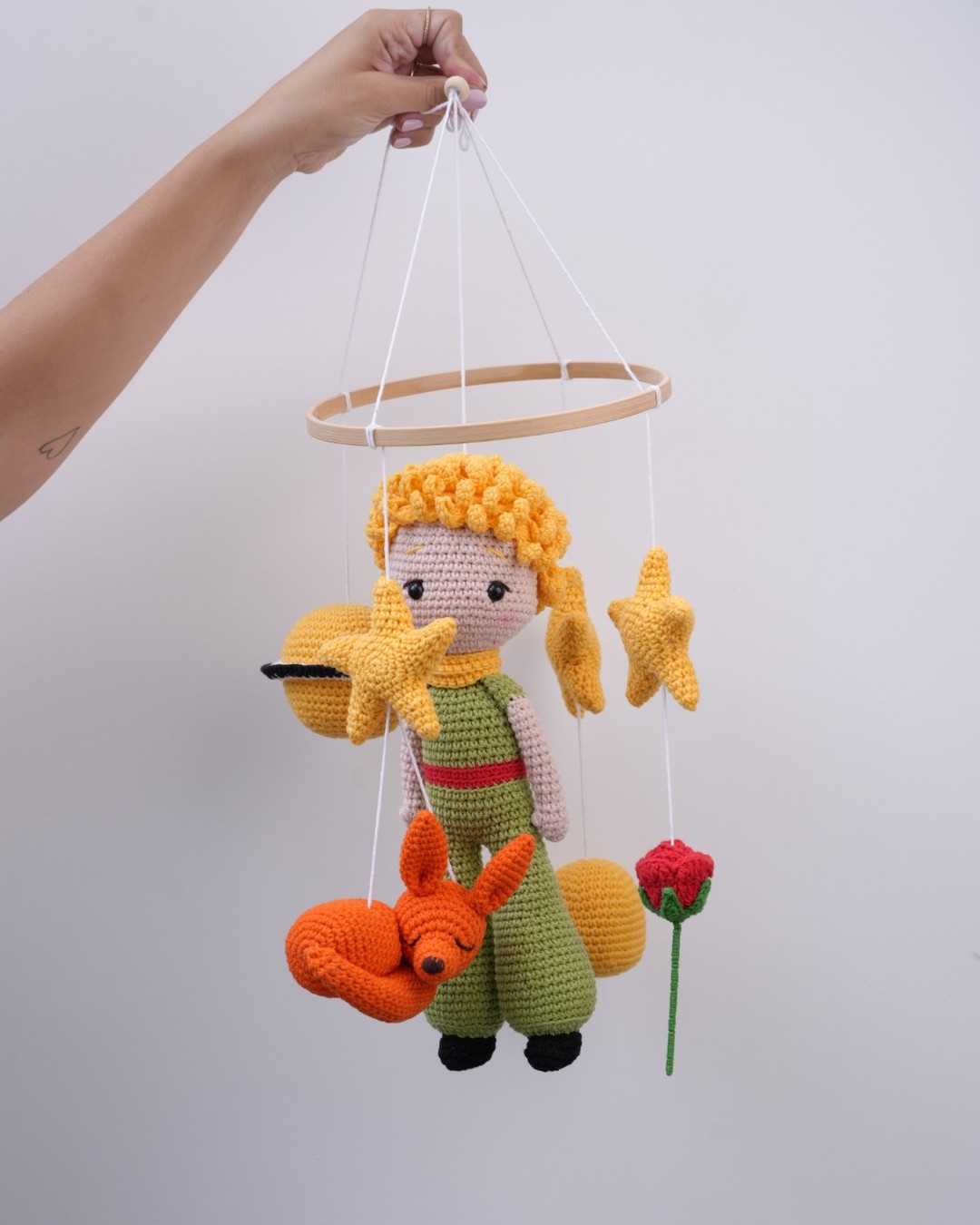 Handmade crochet Little Prince crib mobile with fox, rose, stars and planets