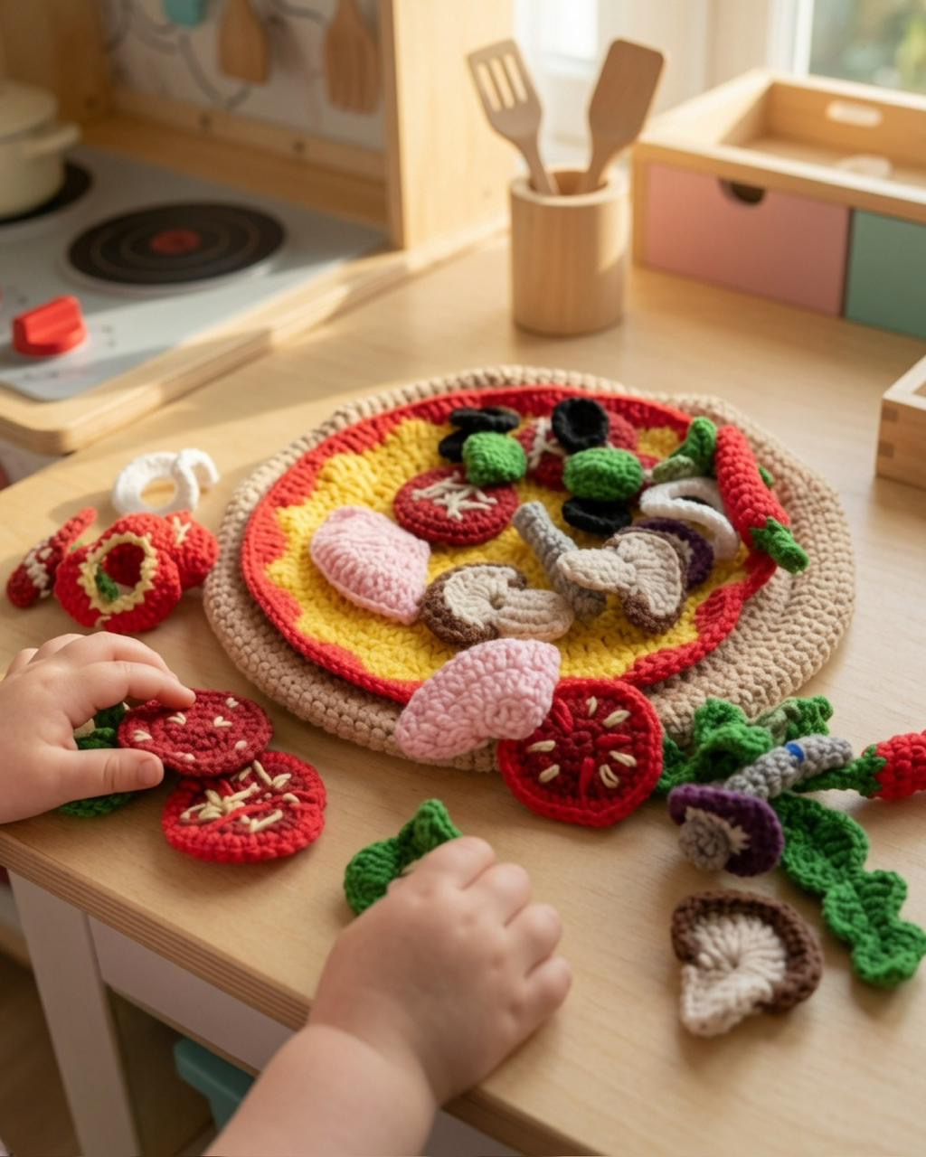 Build-your-own crochet pizza with removable toppings