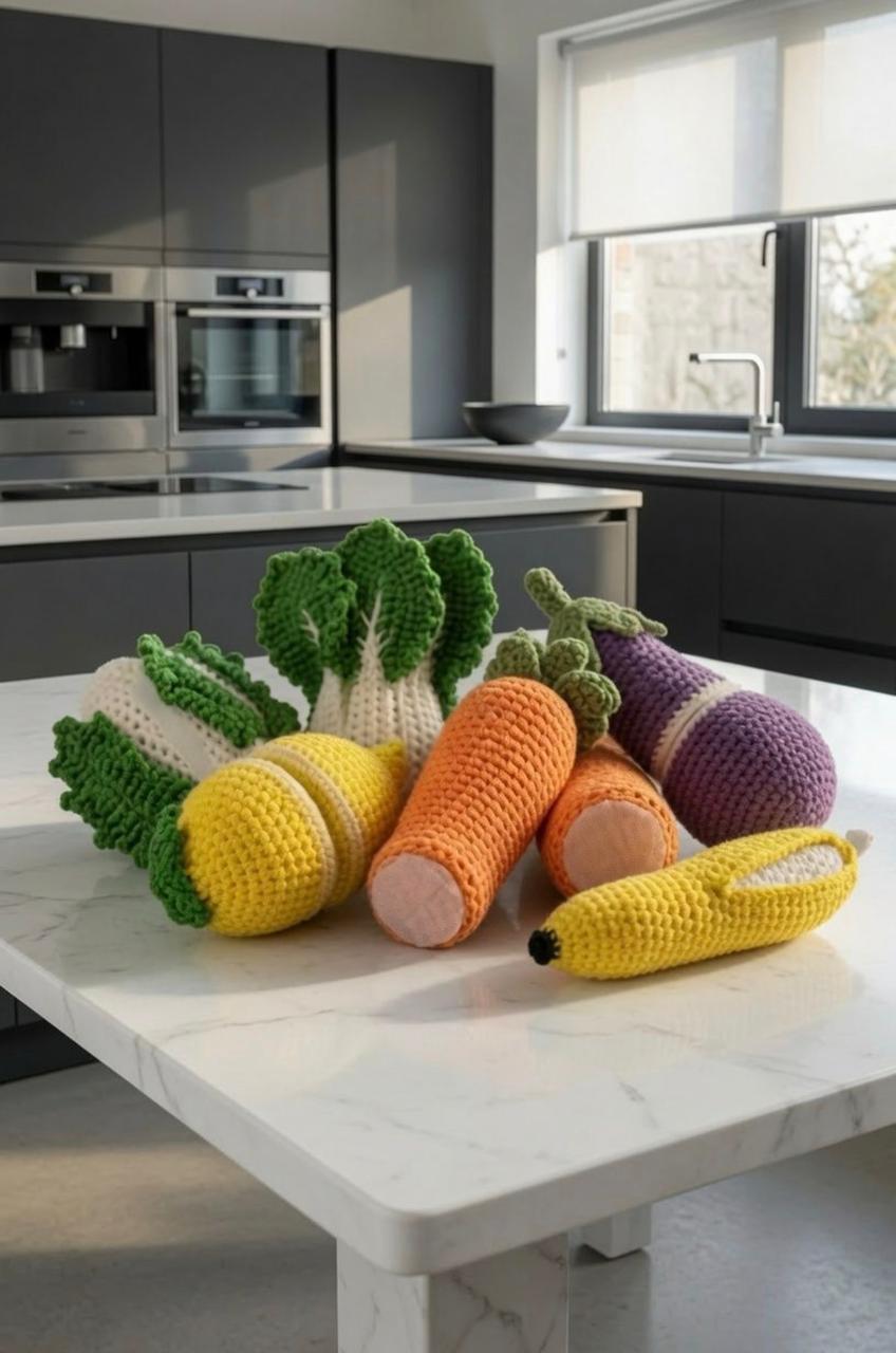 Crochet play fruit and vegetables on a kitchen counter
