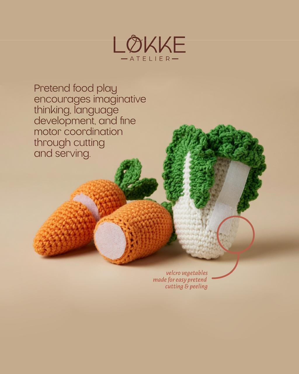 Studio photo of velcro crochet carrot and cabbage