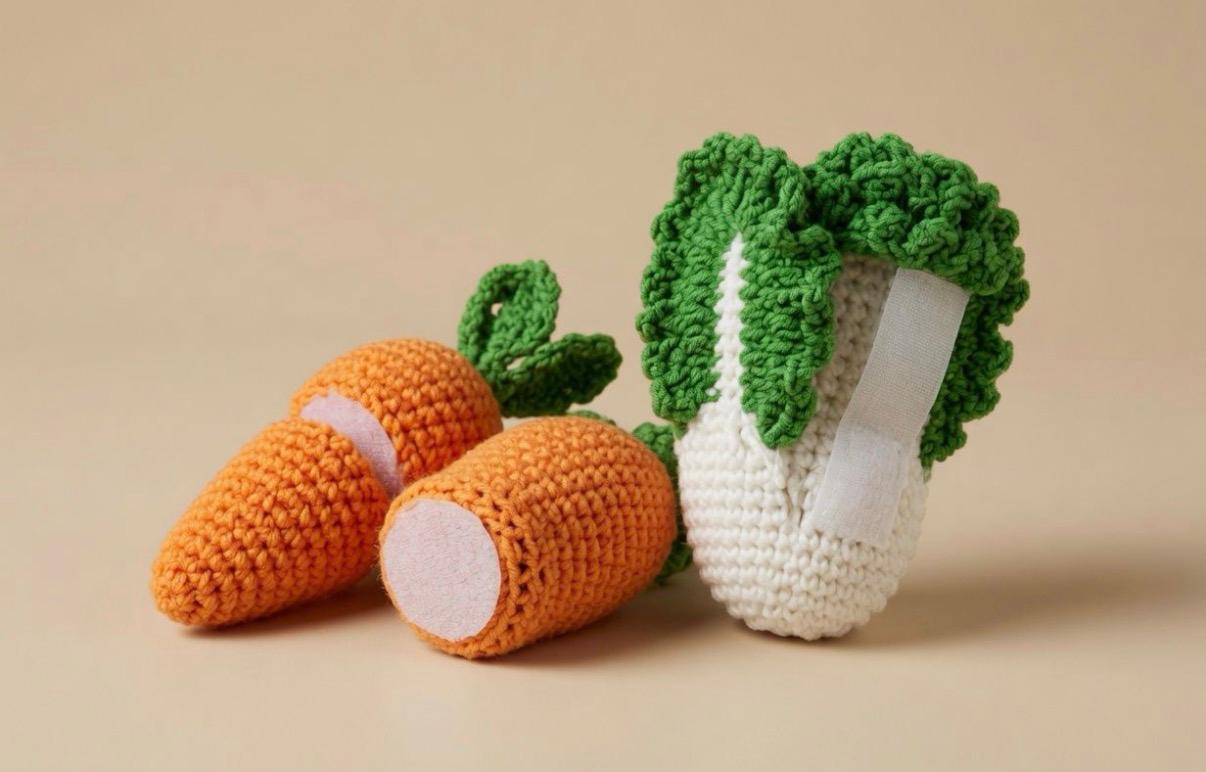 Crochet carrot halves and cabbage with velcro for pretend cutting