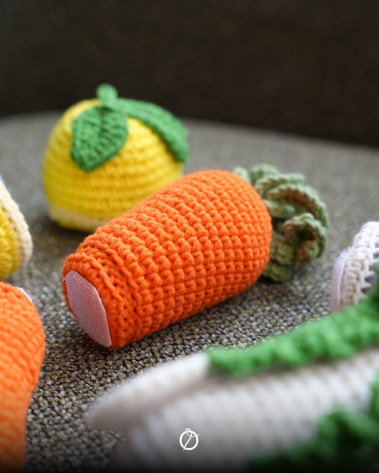 Handmade crochet carrot and play vegetables with velcro slicing