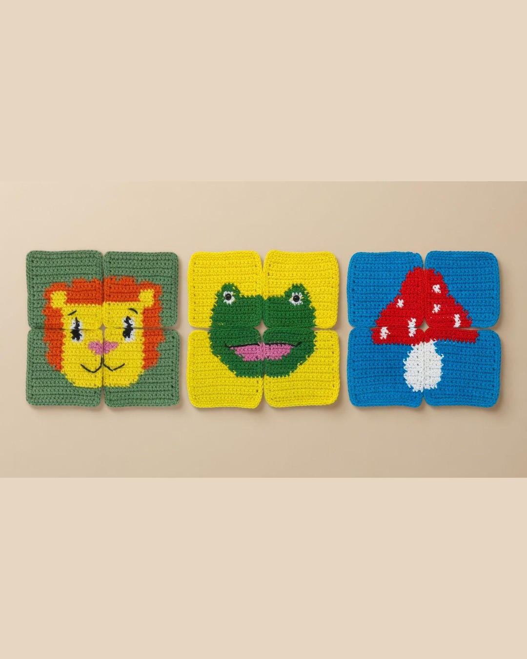 Crochet puzzle mats: lion, frog and mushroom