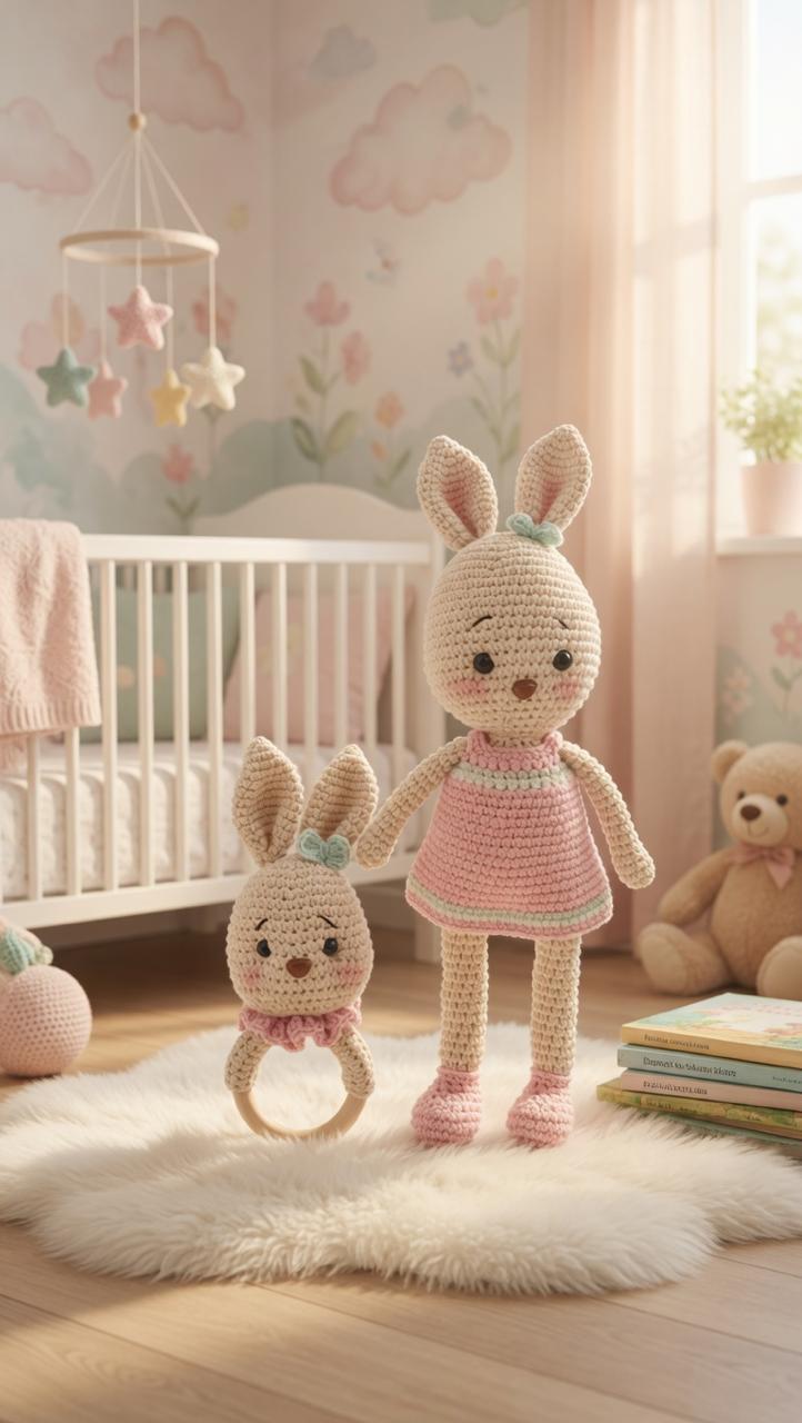 Handmade crochet Rosie rabbit doll and matching teether