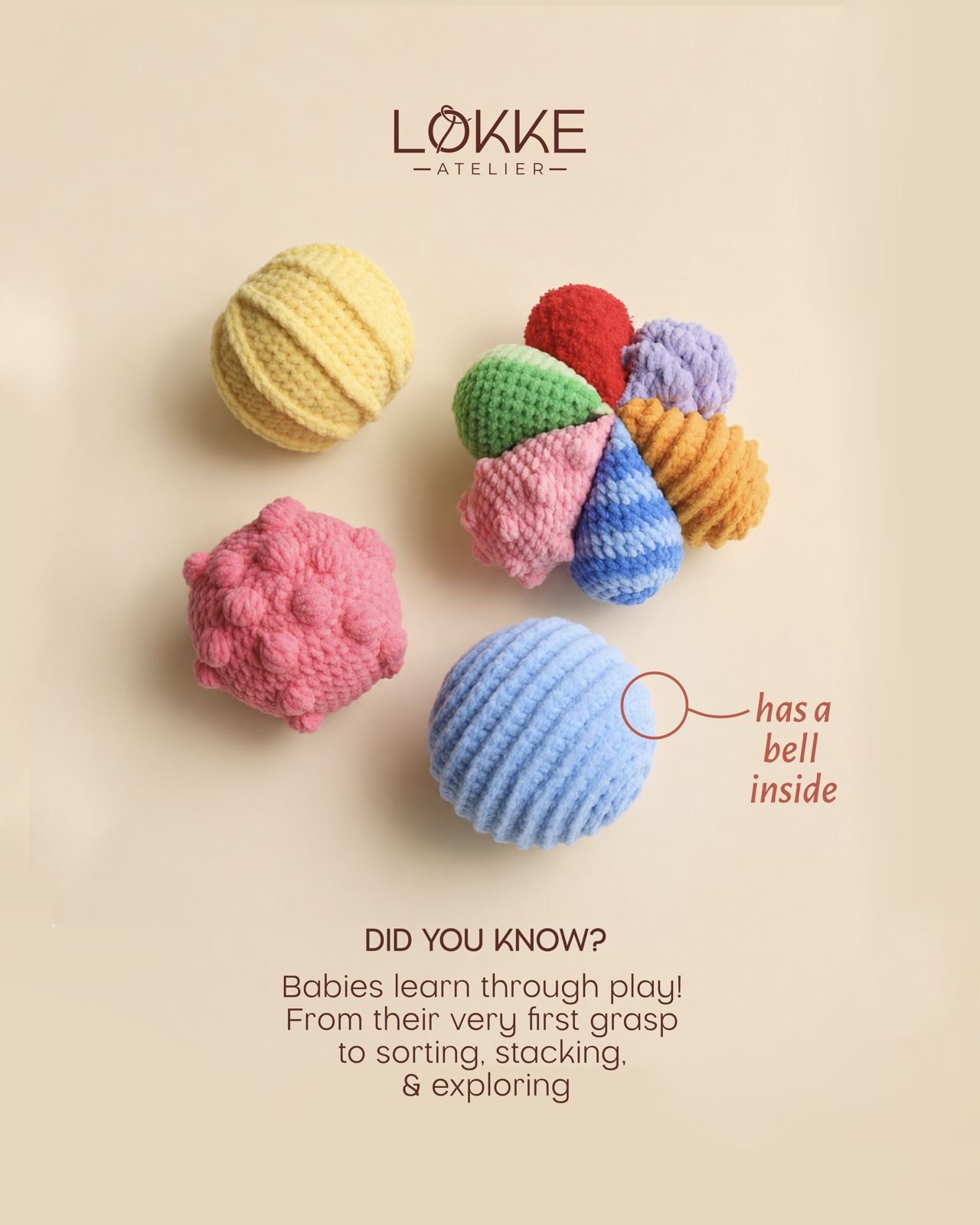 Textured crochet sensory balls in yellow, pink, blue and a multicolour flower
