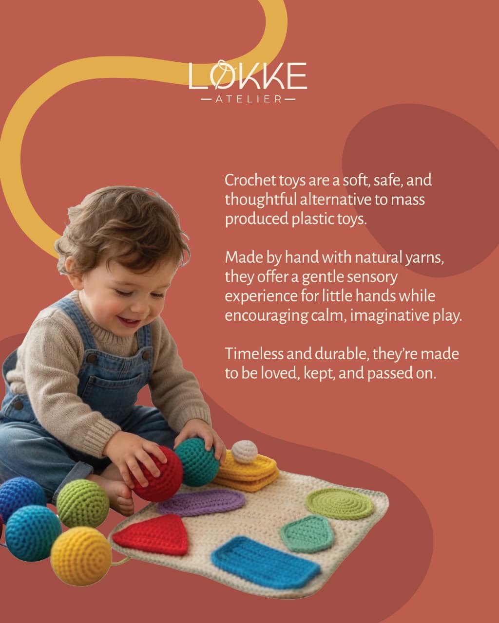 Cream crochet mat with colored shapes and a child playing nearby