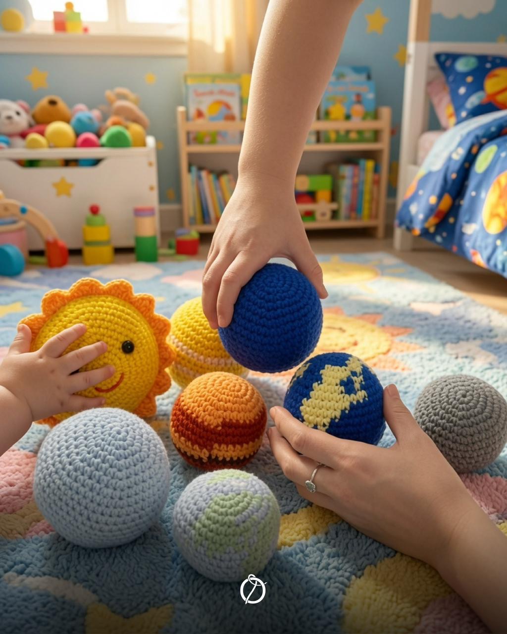 Child and adult playing with crochet sun and planets on a star rug
