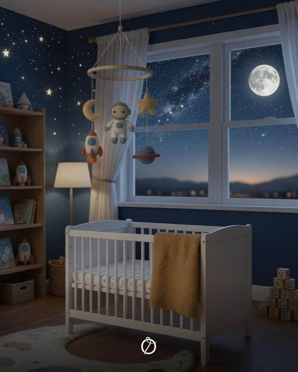 Crochet space nursery mobile with astronaut, moon, star, rocket and Saturn