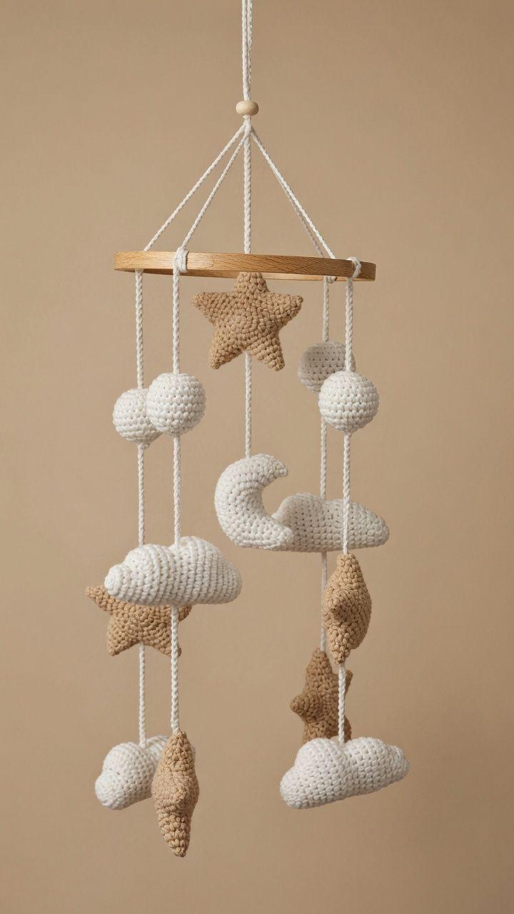 Handmade crochet star, moon and cloud nursery mobile on wooden hoop
