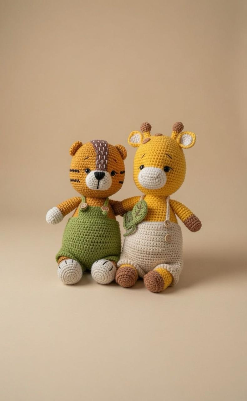 Handmade crochet tiger and giraffe duo in overalls