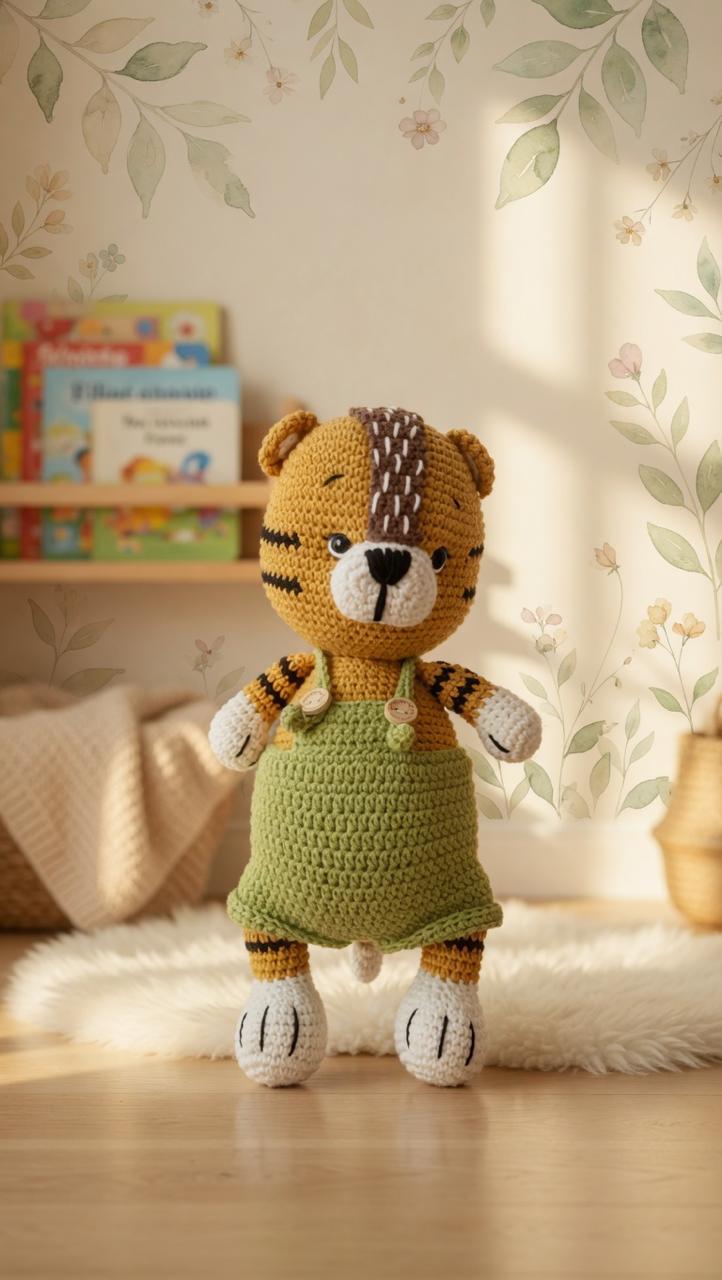 Handmade crochet tiger doll wearing green overalls