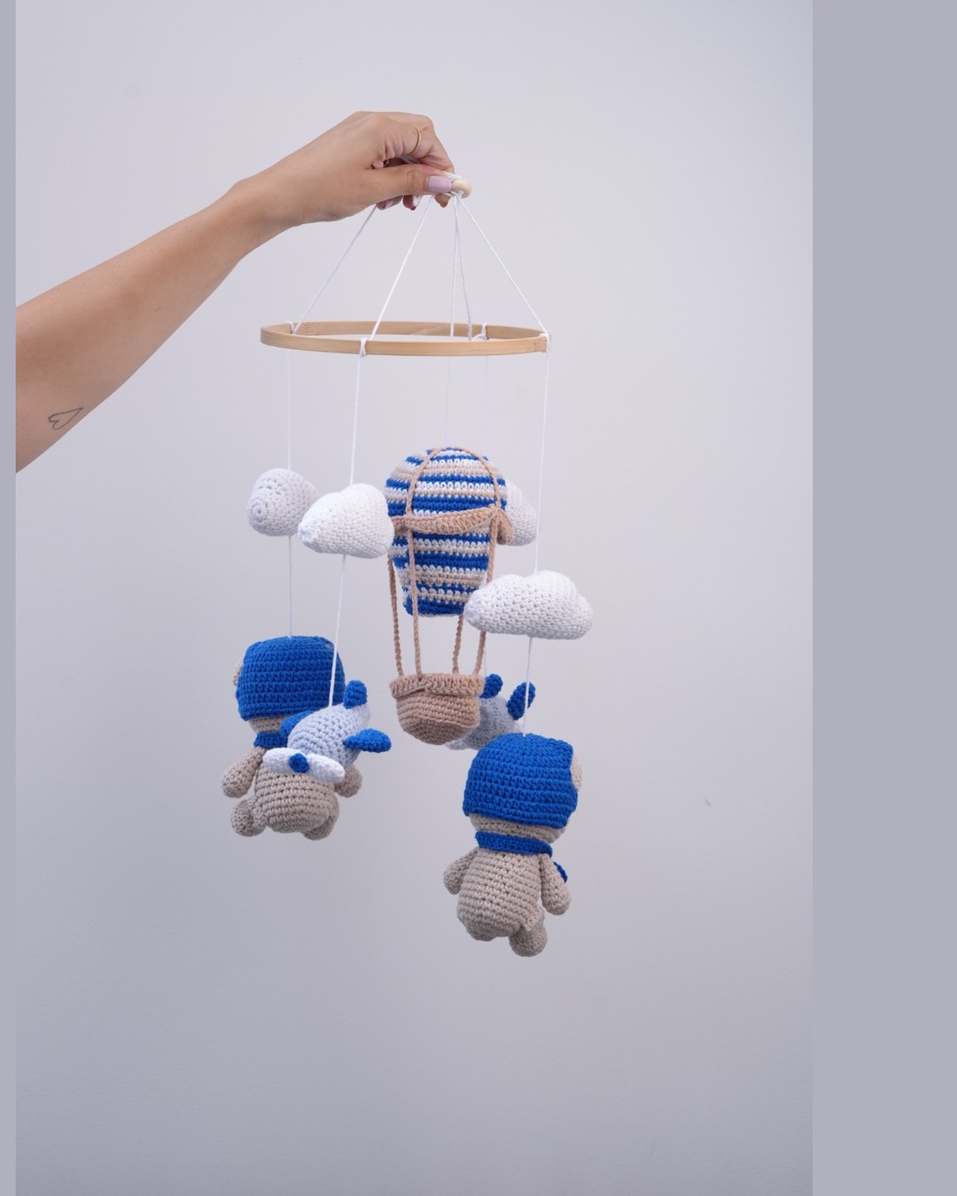 Handmade crochet Up & Away balloon crib mobile with bears, clouds and airplane