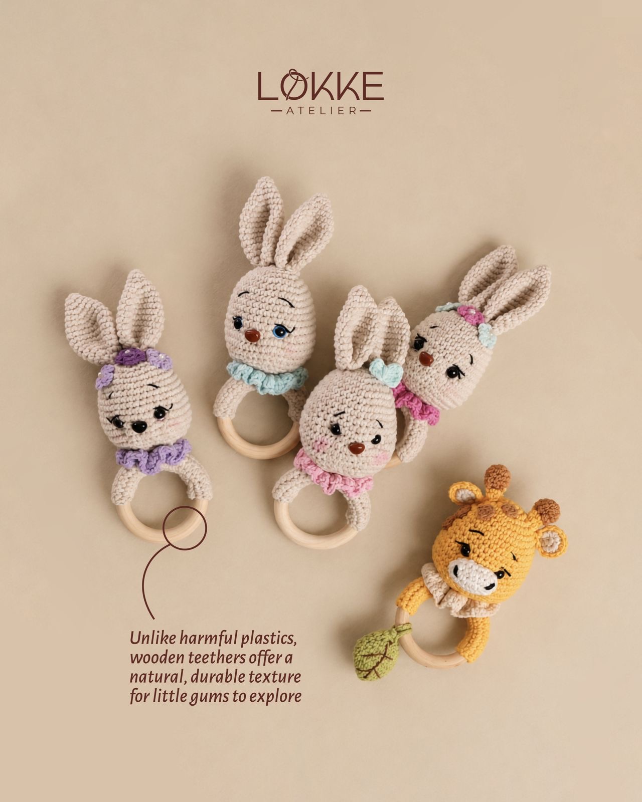 Crochet bunny and giraffe teethers on smooth wooden rings